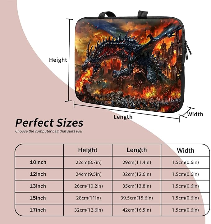 Universal Laptop Sleeve Tablet Case 12 inch, Fire Fierce Dragon Slim Carrying Case Durable Handbag Travel Laptop Bag for Surface Pro 9 8 7/Laptop Go 2 3, MacBook Air 11/12