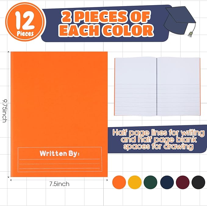 Henoyso 12 Pcs Primary Composition Notebook K-2 9 3/4 x 7 1/2 Inch Primary Journal Blank Writing Book for Kid to Write Draw and Journal 60 Page Notebook Back to School Supplies (Dark Color)