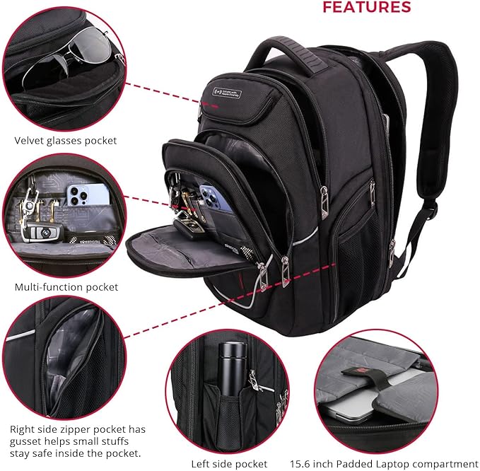 Swissdigital Design TSA Laptop Backpack Men's USB Charging Port Large Capacity Business Travel Backpack Black| With Apple Find My Network (TERABYTE J16BTFB-41) One Nation One World