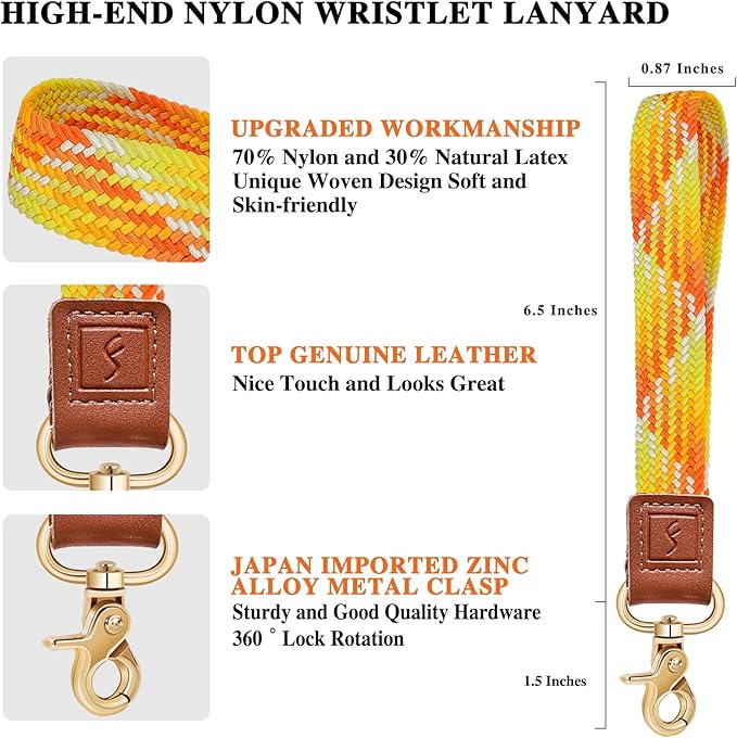 Fishent Stretchy Wristlet Keychain,Braided Cute Wrist Lanyards for Keys, Key Chain Holder for Women Men, Wrist Strap Keychain for Car Keys Phone Camera Wallet ID Badges Card (Gradient Orange)
