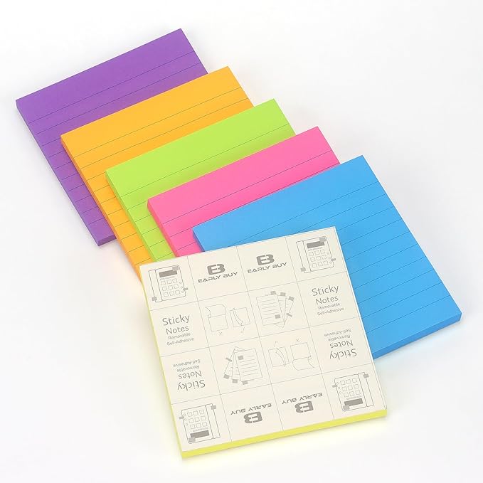 Early Buy Lined Sticky Notes with Lines 4x4 Self-Stick Notes 6 Bright Color 6 Pads, 60 Sheets/Pad