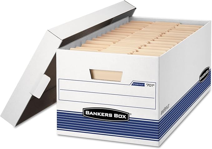 Bankers Box 4 Pack STOR/File Medium-Duty File Storage Boxes, FastFold, String and Button, Legal, White/Blue