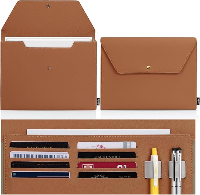 Toplive Document File Folder, Waterproof PU Leather A4 Letter Envelope Folder Case File Organizer Dual Layers Stylish Document Holder with 8 Card Holder 2 Pen Loop for Travel Office School, Brown