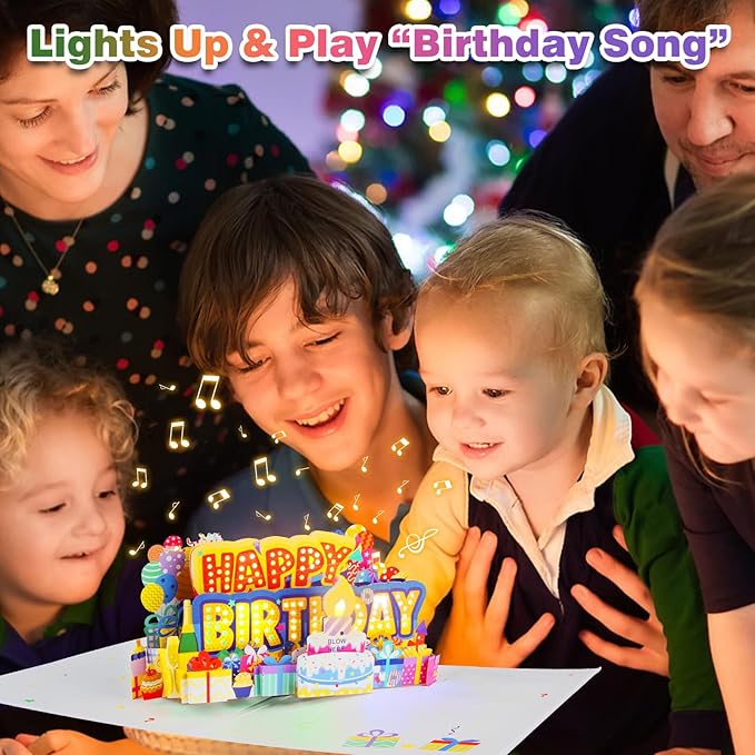 Birthday Cards Light 3D Pop Up Music, Blowable LED Candle Cake Gifts Greeting Cards for Women Men Kids Mom
