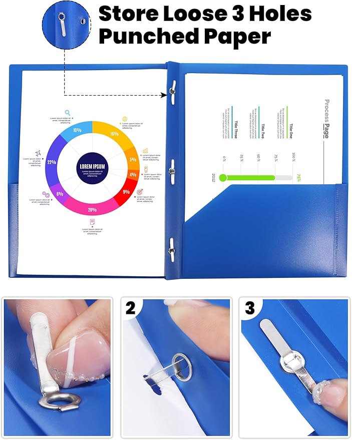 SUNEE 3 Pack Blue Plastic Folders with Pockets and Prongs, Letter Size, 9 x 11.5 in