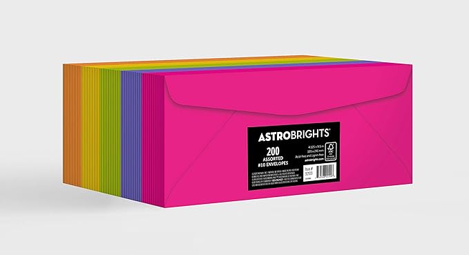 Astrobrights Color 10 Envelopes, 4.125" x 9.5", 24 Lb/89 Gsm, "Happy" 5-Color Assortment, 200 Pack (92109)