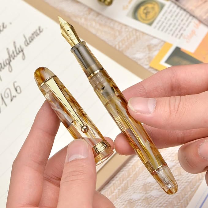 Asvine V126 Vacuum Filling Fountain Pen Brown Swirl Transparent Acrylic, Medium Nib Large-Capacity with Gift Case