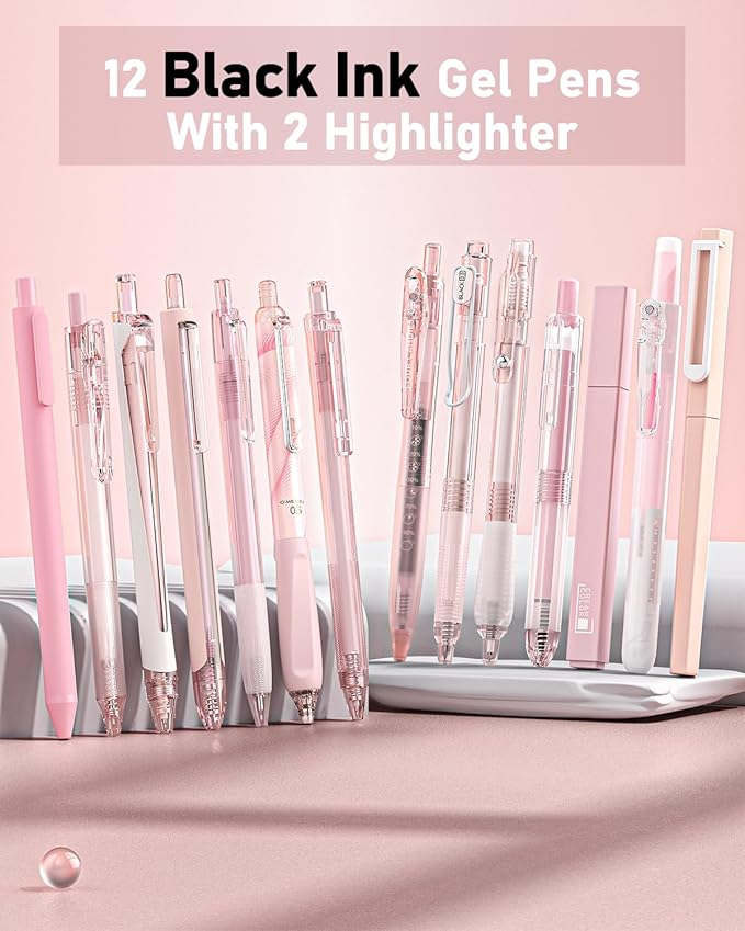 Four Candies 14Pack Pastel Gel Ink Pen Set,Cute Retractable 0.5mm Fine Point Pen,Note Taking Aesthetic Pens,12 Pack Black Ink Pens with 2Pack Highlighter, Smooth Writing Pens for School, Office (Pink)