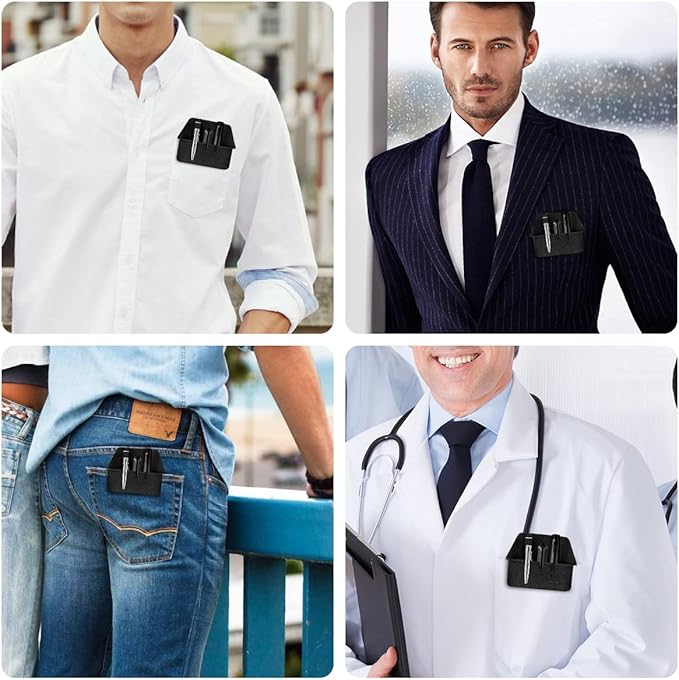 Pen Pocket Protector, 2 Pieces PU Leather Pocket Pen Holder Organizer Pouch for Shirts Lab Coats Pants Pen Sleeve - Multi-Purpose Pen Pocket Holds Pens Pointers Pencils and Notes Card - Black