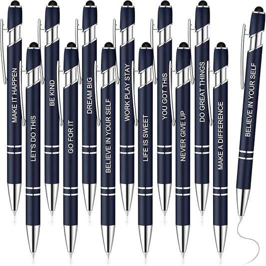 Zonon 12 Pieces Inspirational Pens Bulk Easter Basket Stuffers Motivational Quotes Ballpoint Pens with Stylus Tip Inspirational Gifts for School Office Teachers(Navy,Motivational Style)