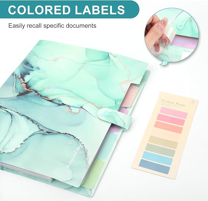 Ddaowanx Expanding File Folder, Letter A4 Size Accordion Plastic File Organizer, 5 Pocket Folders for Documents, Aesthetic Folder with Labels, Paper Organizer for School Office (Green Marble)