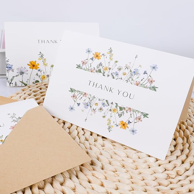 Thank You Cards with Envelopes(25 pack 4x6), Blank Cards with 5 Wildflower Designs, Perfect for Bridal Shower, Baby Shower, Wedding, Birthday, All Occasion