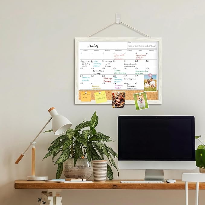 Calendar Whiteboard for Wall, TANKEE 17"x13" Whiteboard Calendar Cork Board Combo, Magnetic White Board Monthly Calendar with Wood Framed, Hanging Dry Erase Board for Kitchen Home Office Planner