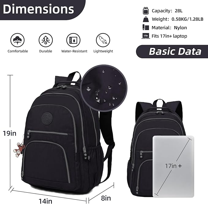Casual Lightweight Travel Laptop Backpacks Water Resistant Large Nylon Backpack for Men Women Hiking Camping Cycling Packback Daypack, Fits 15.6 Inch Laptop and Notebook - Black