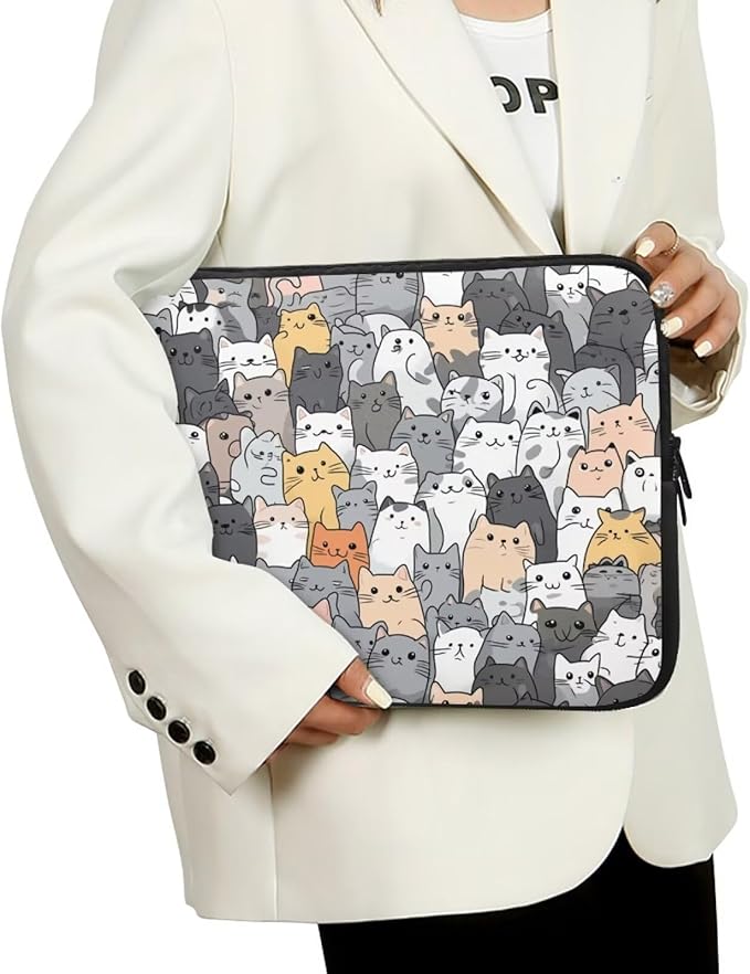 Cartoon Cat Print Laptop Briefcases for Men Women, Cute Laptop Sleeve Case Water Resistant Neoprene Computer Carrying Cover 12 Inch Laptop Carrying Bag