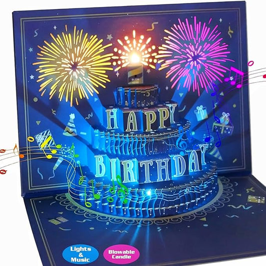 UPGRADED 3D Pop Up Firework Birthday Cards, Musical LED Lights Birthday Cards with Blowable Birthday Cake, Greeting Cards, Birthday Gifts for Mom Women Men Kids Child Dad Father Wife