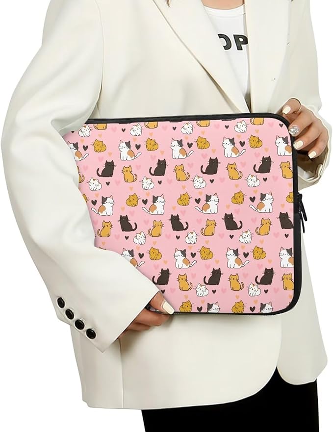 Cat Print Laptop Briefcases for Men Women, Heart Pattern Laptop Sleeve Case Water Resistant Neoprene Computer Carrying Cover 12 Inch Laptop Carrying Bag