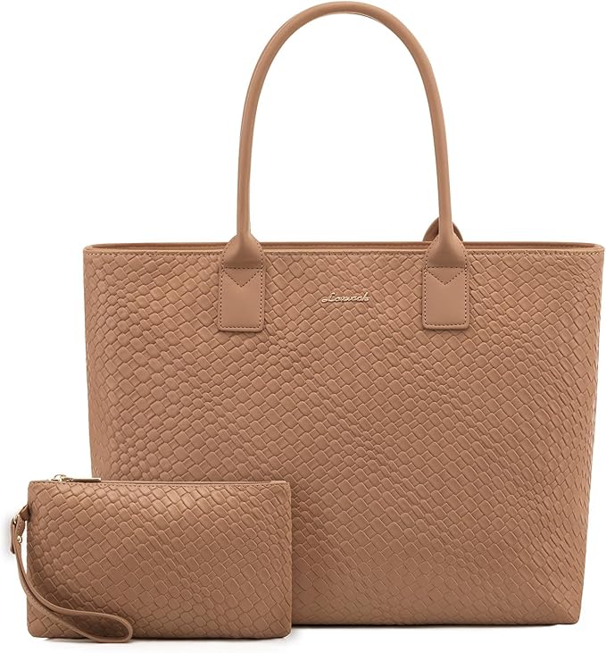 LOVEVOOK Laptop Tote Bag for Women 15.6 Inch, Woven-like PU Work Tote Briefcase for Office with Small Clutch, Light Brown