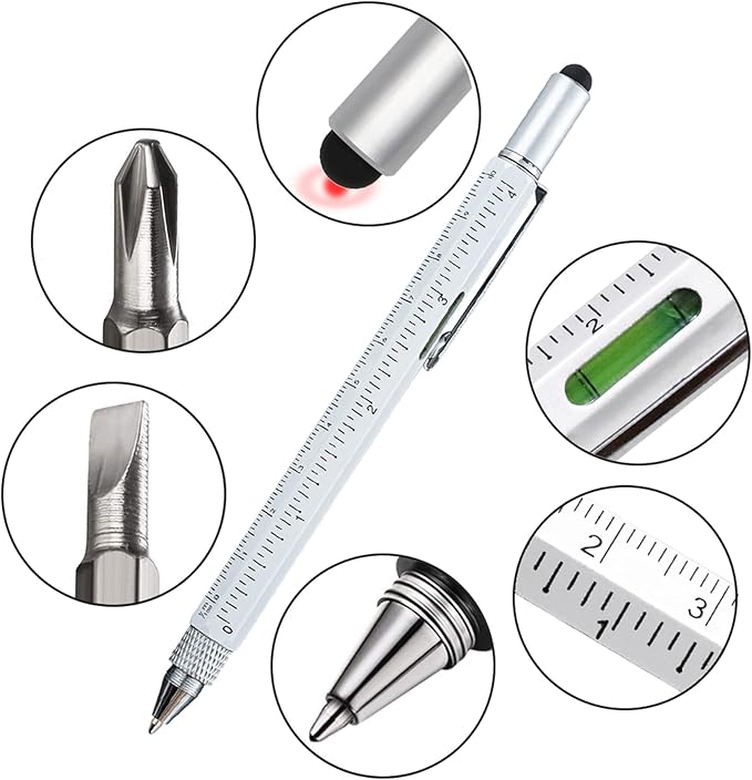 HeTaoCat Gifts Multi Tech Tool Pen 6 in 1 Stylus Pen - Screwdriver Pen with Ruler, Levelgauge, Ballpoint Pen Black ink (White)