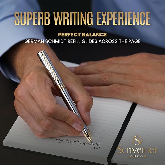 Scriveiner Personalized Silver Chrome Ballpoint Pen - Stunning Luxury Pen, 24K Gold Finish, Schmidt Ink Refill, Best Engraved Ball Point Gift Set for Men & Women, Custom Name Engraving