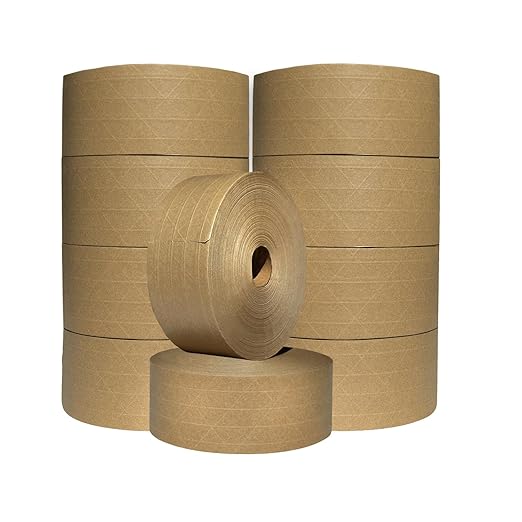 3'' x 450 Feet Reinforced Water Activated Gummed Kraft Paper Tape, for Heavy Duty Secure Packing Shipping, Tamper Evident Gummed Tape, Brown - 10 Rolls