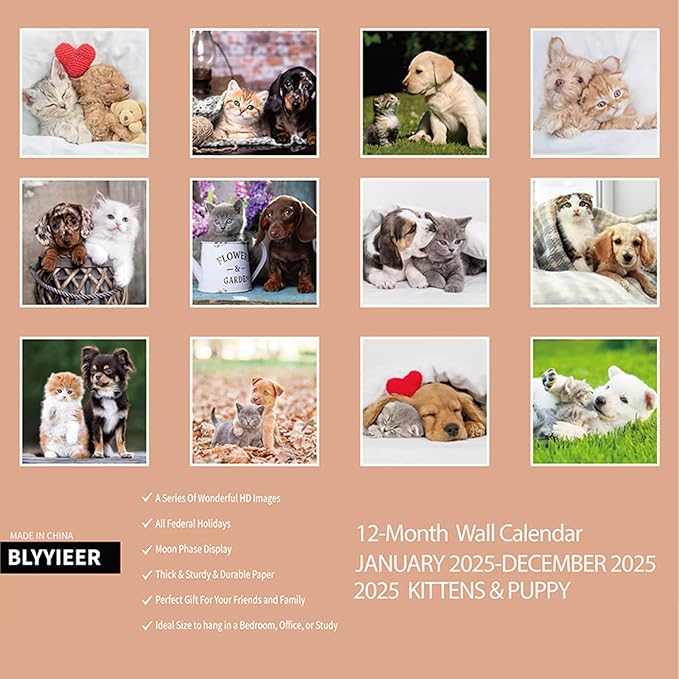 2025 Wall Calendar,Calendar 2025,Kittens & Puppies Monthly Wall Calendar, 12" x 24" Open,Family Planner Calendar Organizer with Cute kittens & Puppies Images, for Cat & Dogs Lovers