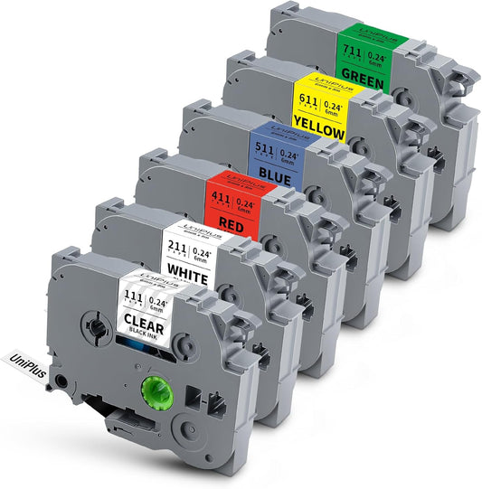 Compatible with Brother Label Tape TZe TZ Tape 6mm 0.23" TZe-111 TZe-211 TZe-411 TZe-511 TZe-611 TZe-711 Laminated Tape Work for P Touch PT-D210 PT-H110 PTD400 PTD600 PT1280 PTP300BT, 6-Pack