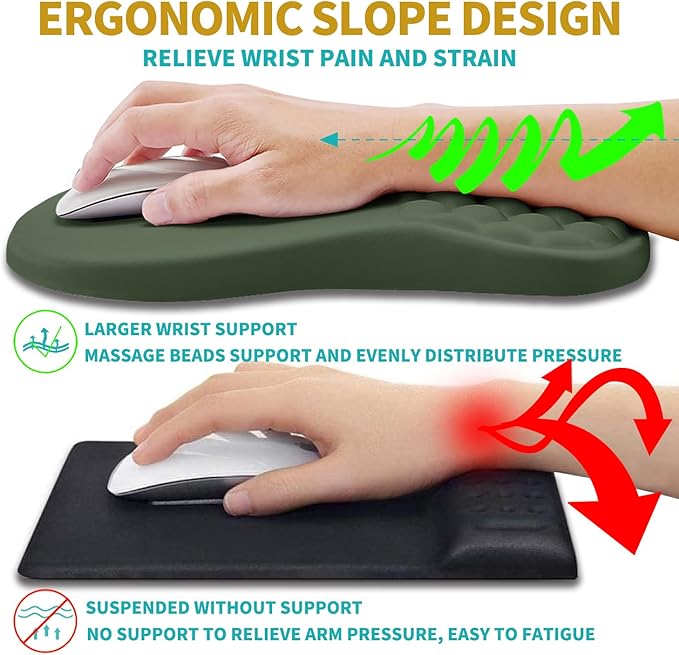 Hokafenle 2 in 1 Ergonomic Mouse Pad Wrist Support & Wrist Rest for Computer Keyboard Set, with Relieve Carpal Tunnel Pain Massage Bulge and Full Memory Gel Design (2In1 Set, Dark Green)