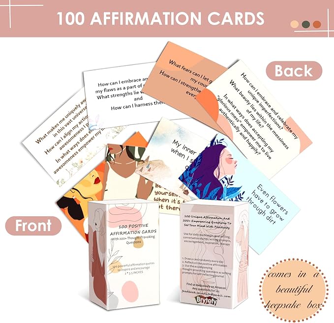 BRYTEFY 100 Empowering Affirmation Cards for Women, Daily Motivation with Thought-Provoking Questions, Mindfulness, Inspiration, and Meditation and Self Care Gift For Women.