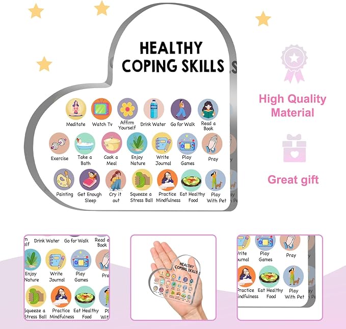 Therapy Office Decor, Mental Health Healthy Coping Anxiety Skills Decorations for Classroom School Counseling Therapist Social Worker Educational Acrylic Heart Art Decor