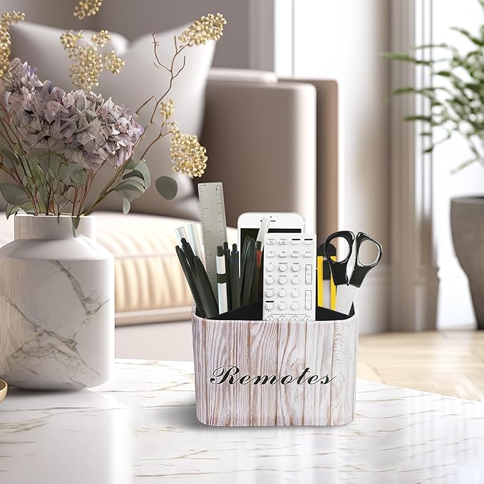 Hennaja Square Leather Art Supply Organizer,Remote Control Holder with Removable Dividers,360°Rotatable Pencil Holders,4 Compartments Organizer for Office Supplies Storage Box(1-Light Grey)