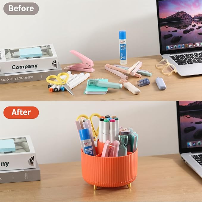 Desk Pencil Pen Holder, 5 Slots 360°Degree Rotating Pencil Pen Organizers for Desk, Desktop Storage Stationery Supplies Organizer, Cute Pencil Cup Pot for Office, School, Home, Art Supply, Orange