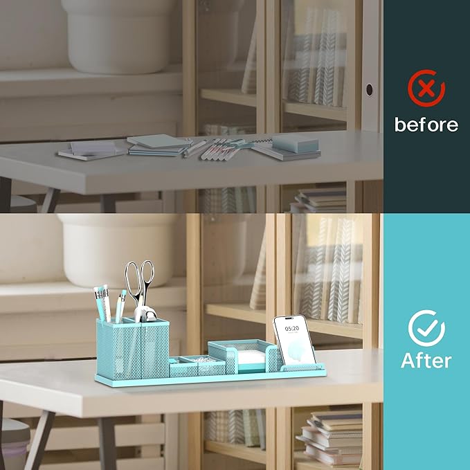 SUPEASY Pen Holder for Desk, 6 Piece Mesh Desk Organizer set, Desk Accessories for Office Organization with Mail Organizer, Letter Phone Holder, Sticky Notes Caddy Storage, Blue