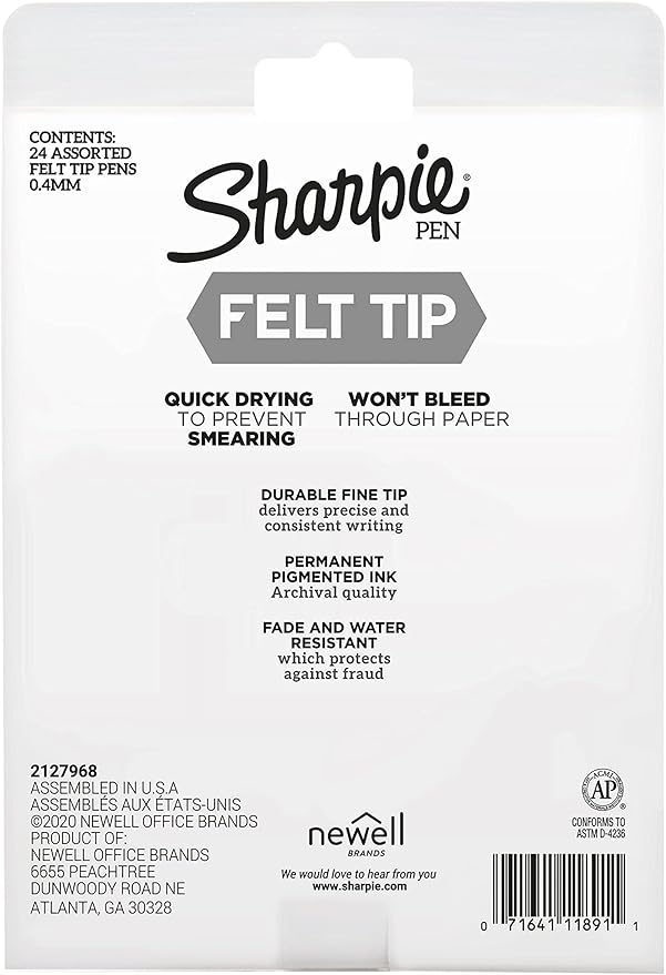 Sharpie Felt Tip Pens, Fine Point (0.4Mm) Felt Tip Markers, Journaling Pens, Art Markers, Drawing Markers, Assorted Colors, 24 Count