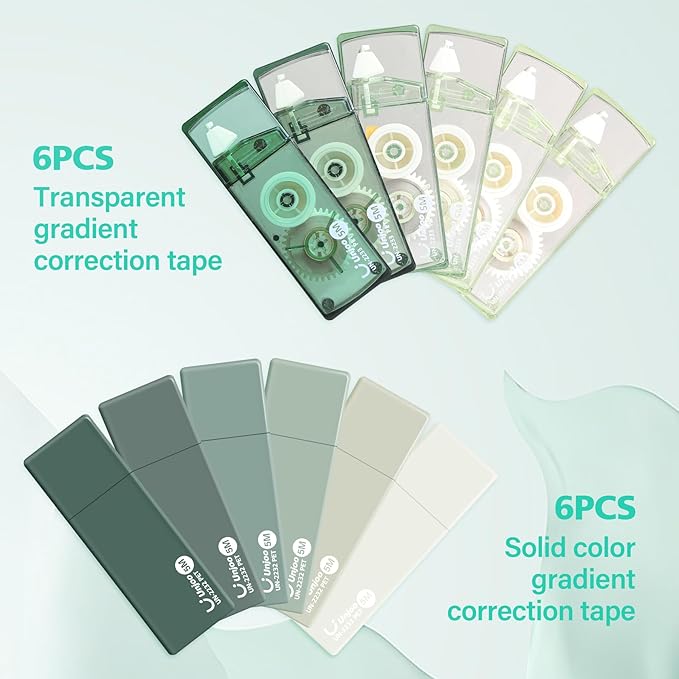 White Correction Tape, Easy To Use Cute Applicator for Instant Corrections, For school, Office Workers (Gradient Green, 5M/196" x 0.2",12pack)