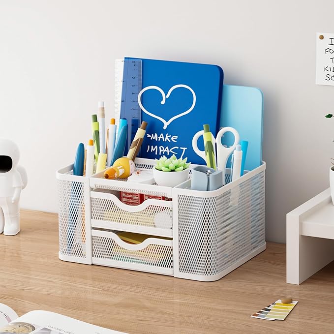 Marbrasse Mesh Desk Organizer, Pen Organizer with 2 Drawer, Multi-Functional Pencil Holder for Desk, Desk Organizers and Accessories with 5 Compartments + Drawer for Office Art Supplies (White)