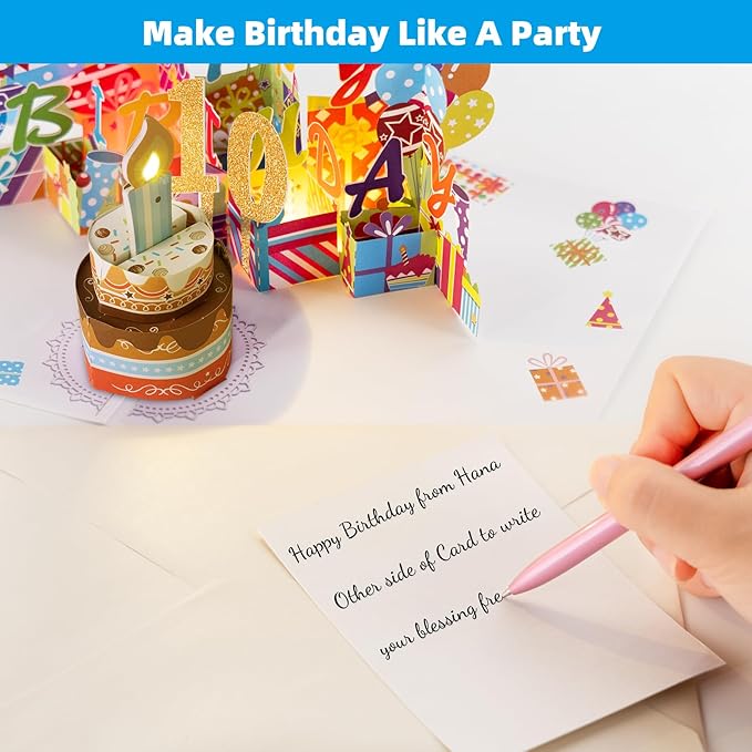 Gumry 10TH Musical Birthday PopUp Card, Blowable Colorful Light Candle 3D Cards with Song, Applause Cheers Sound, Greeting Cards Birthday Gifts Decorations for Women Men Turning 10 Years Old
