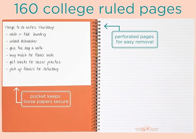 Steel Mill & Co Cute Large Spiral Notebook College Ruled, 11" x 9.5" with Durable Hardcover and 160 Lined Pages, Garden Blooms (Navy)