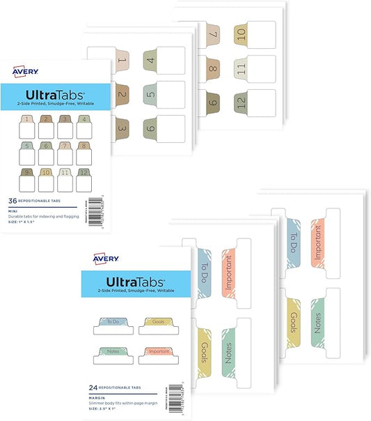 Avery Ultra Tabs Bundle, Chic Numbers 1-12 and Planner Tabs, 1" x 1.5" Mini Tabs and 2.5" x 1" Margin Tabs, 2-Side Printed, 60 Sticky Tabs (74901)