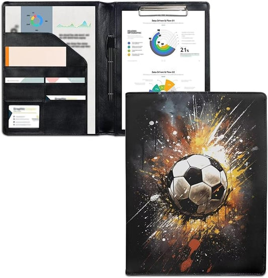 Cozeyat 3D Football Print Padfolio for Men Black Leather Portfolio Folder for Documents, Writing Pad for Business School Office Conference Notepad Clip Boards