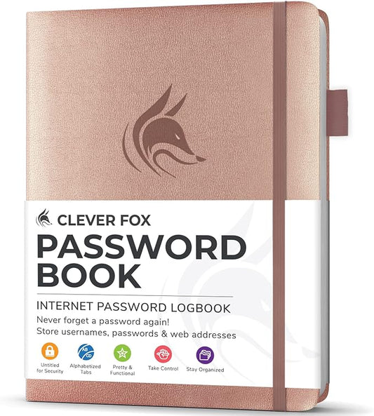 Clever Fox Password Book with Alphabetical tabs. Internet Address Organizer Logbook. Small Pocket Password Keeper for Website Logins (Rose Gold)