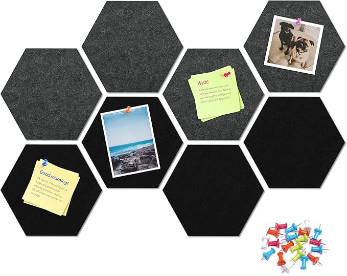 12" Large Bulletin Board with 30 Push Pins, Pack of 8 Hexagon Felt Pin Board Notice Boards for Home Office, Felt Wall Tiles for Photos Memos