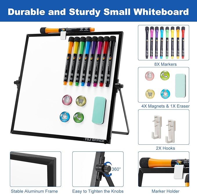 Small Magnetic Dry Erase Whiteboard – Mini Desktop Portable Easel Dry Erase White Board for Students Double Side to Do List Dry Erase Board with Stand for Office, School, Home 12 x 12 inches