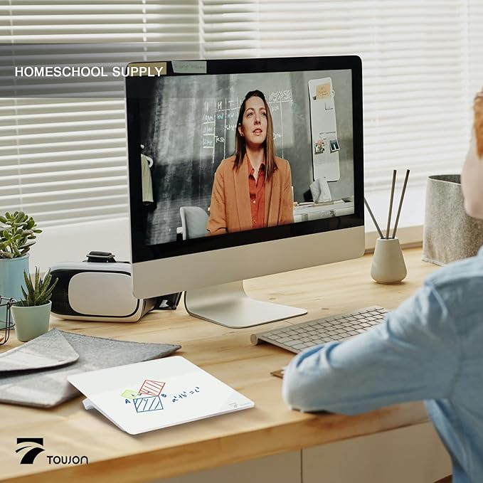 TOWON Small Glass Dry Erase Board, Desk White Board with Standing, Mini Whiteboard Easel Pad Set, Stenography Artifact for Office, Home and School Supplies, 8x6 Inches, White