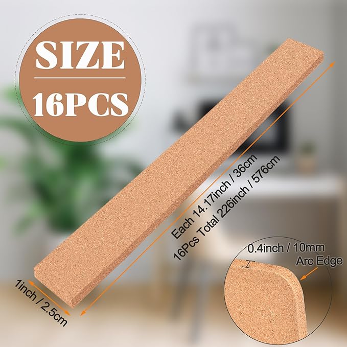 16 Pack Small Bulletin Strip Cork Strip Cork Board Tiles Bulletin Bar Strips for Walls, Adhesive Pin Board for Classroom Memo Office Home Kitchen School Desk, 14"x1"-10mm Thick