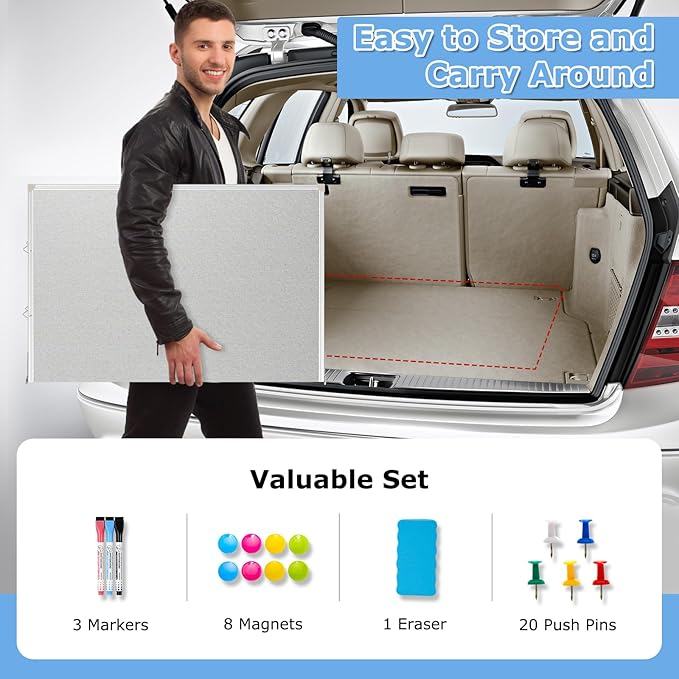 DOLLAR BOSS Foldable Linen Cork Board White Board Combo 48 x 36 in Extra Large Magnetic Whiteboard Dry Erase Bulletin Board Portable Double Sided Aluminum Frame Pin Board for School Office, Grey