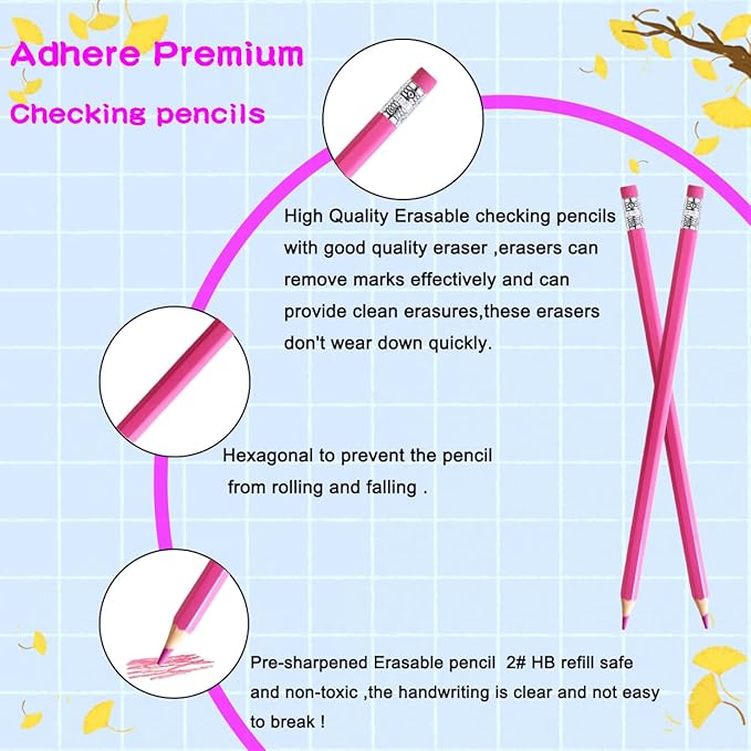 Adhere 25pcs Checking Pencils Erasable colored Pencils Pre-Sharpened #2 HB,for Checking Tests Grading Map Coloring,school Correcting,editing Office Favors,including a Free sharpener.(Pink)