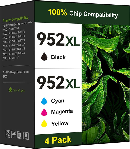 Toner Kingdom Ink Cartridges Remanufactured for HP 952 XL Ink Cartridge Combo Pack Work for HP OfficeJet 8702 OfficeJet Pro 7720 7740 8210 8710 8720 8730 8740 Series (4 Pack Black Cyan Yellow Magenta)
