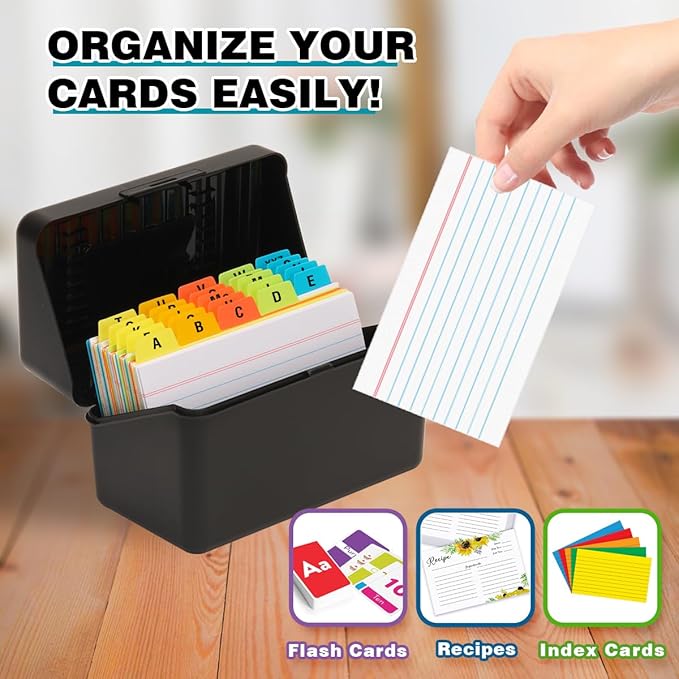 H4D 3x5 Index Card Holder with 100 Heavyweight Ruled Index Cards and 25 Plastic Dividers, Black