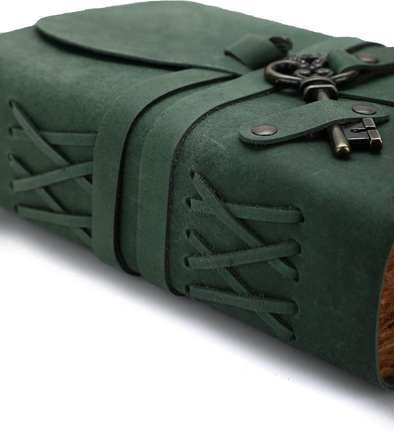 Fausta Vintage Handcrafted Leather Journal with Key for Writing, 240 Pages 7 x 5 inches, Deckled Cotton Paper Notebook/Diary for Men and Women 150 GSM Drawing/Sketchbook, Hunter Green